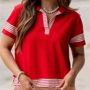 Women's Red Striped Collar Polo Top